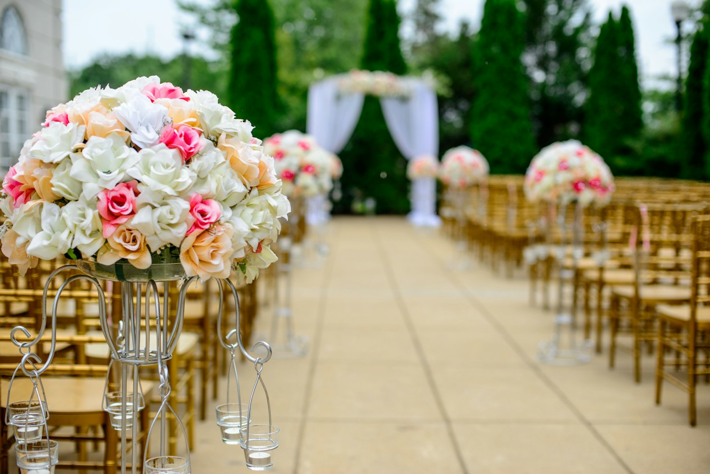 Evening celebration in outdoor garden with ambient lighting